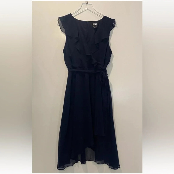 DKNY Ruffle Midi Flutter Sleeves Chiffon Dress Midnight Blue Womens 12 (681) - Picture 3 of 8